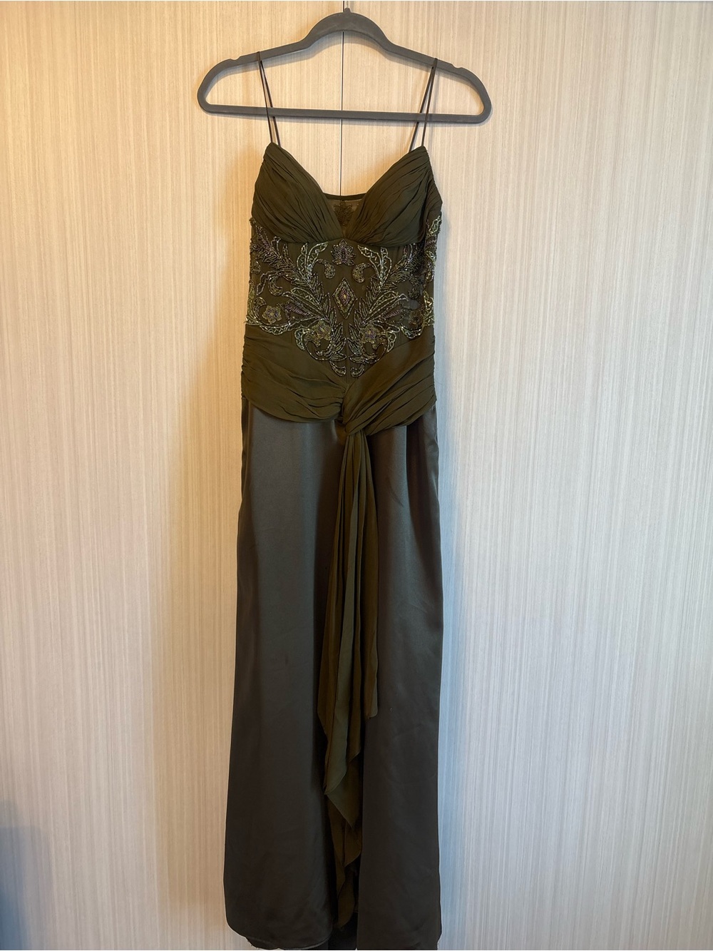 Dave & Johnny Olive Green Beaded Spaghetti-Strap Maxi Dress
